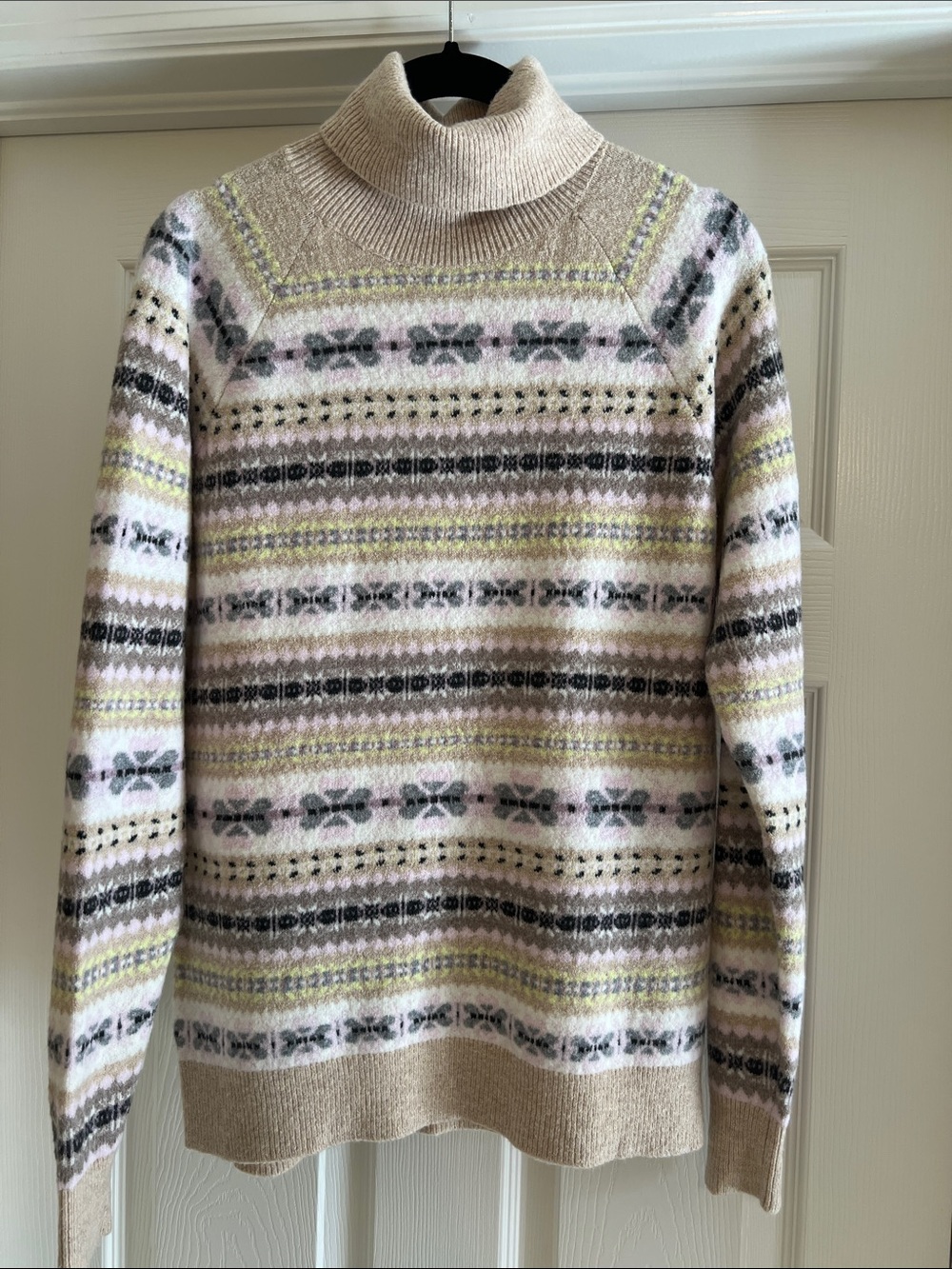 LOFT Cream Fair Isle Turtleneck Sweater with Pink and Gray Accents, Small